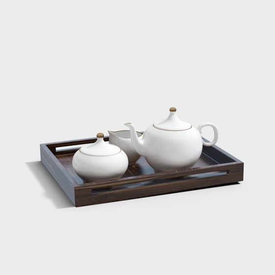 Cozy Tea Set 3D Model in Gray and Brown