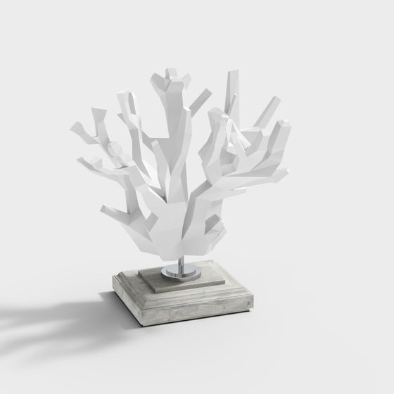 Modern white coral sculpture on grey wood base with metal stand on light grey background