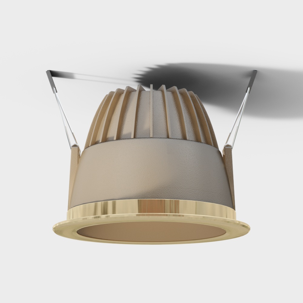 Modern beige recessed ceiling light with gold trim and ribbed texture on white background