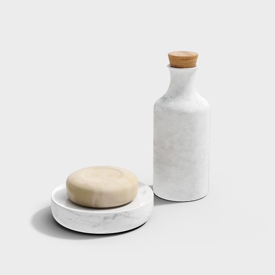White marble soap dispenser with wood lid and round soap dish on light grey background