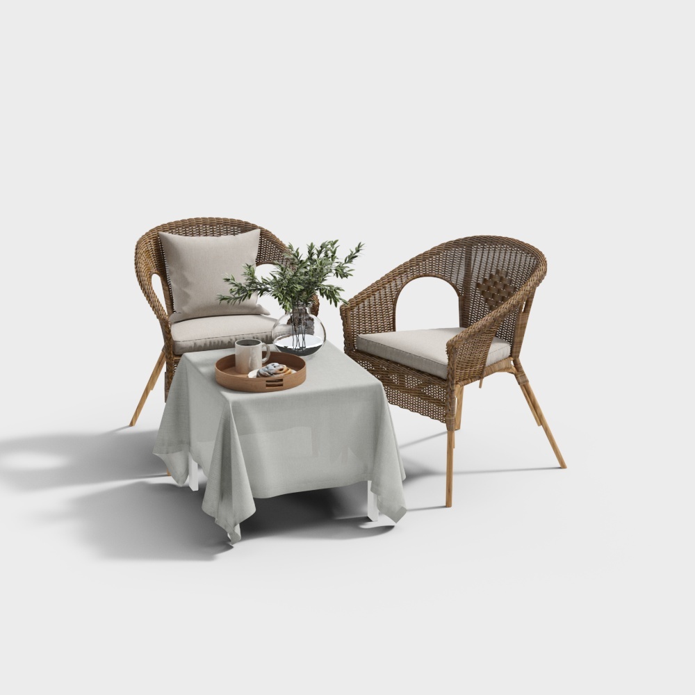 Cozy Wicker Chair Set 3D Model – Rustic Minimalist Furniture