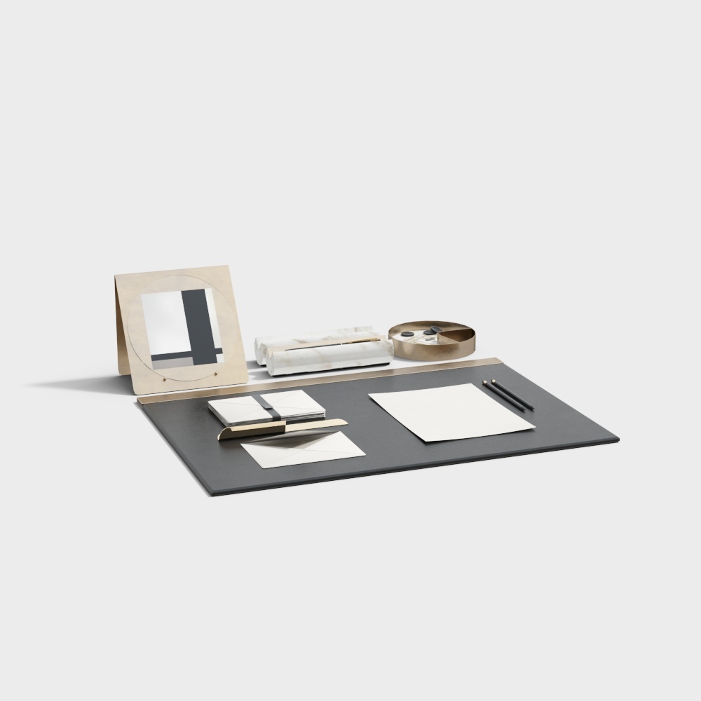 Modern Minimalist Office Desk 3D Model – Sleek Gray & Gold