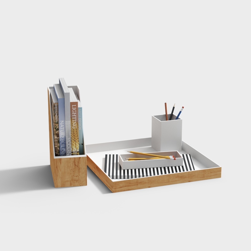 Modern Low-Poly Desk Organizer Set – Wooden & Fabric