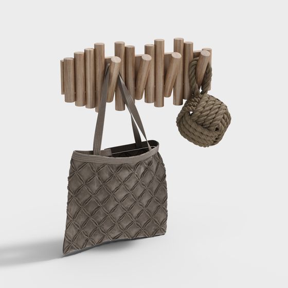 Natural Wood Hook with Handbag 3D model