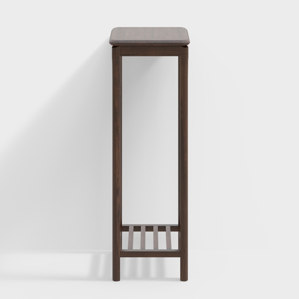 Tall dark brown wooden console table with slatted bottom shelf on white background