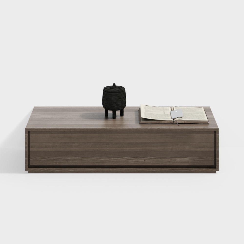 Modern low wooden cabinet with dark finish and open book on white background