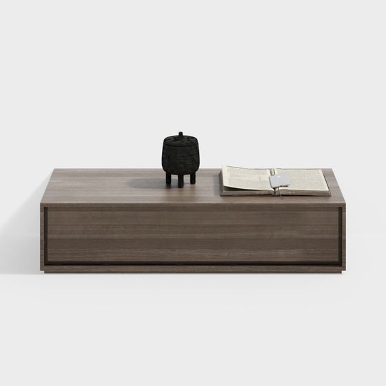 Modern low wooden cabinet with dark finish and open book on white background