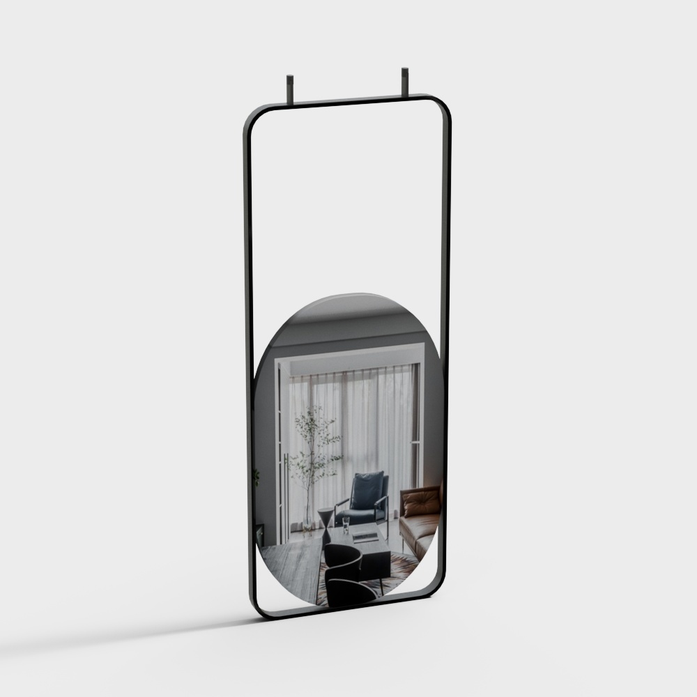 Modern black metal full length mirror with round glass detail on white background