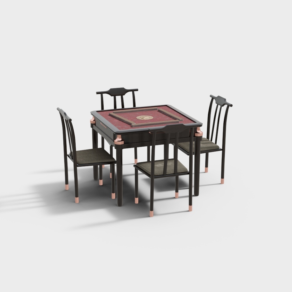 Black mahjong table with red top and four matching chairs on white background