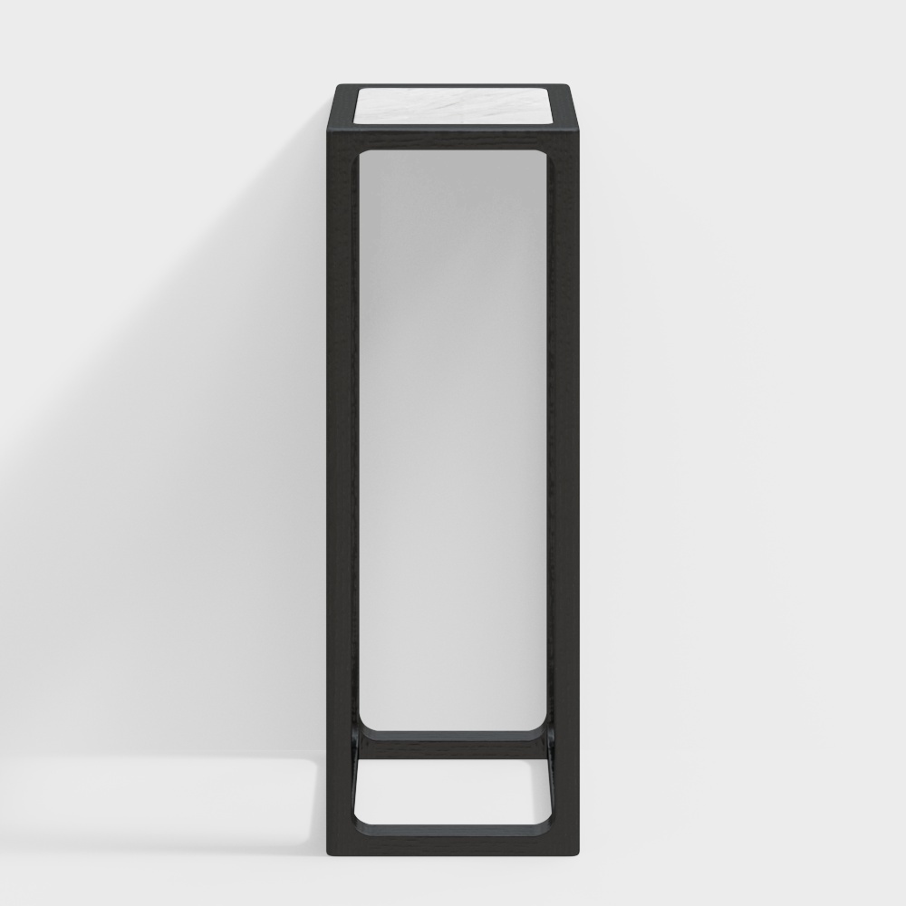 Modern tall black metal side table with white marble top on grey background
