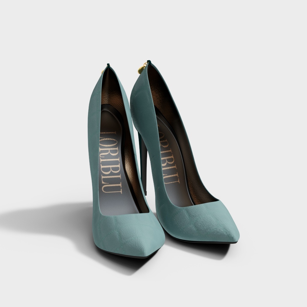 Teal high heel shoes with gold zipper detail on white background