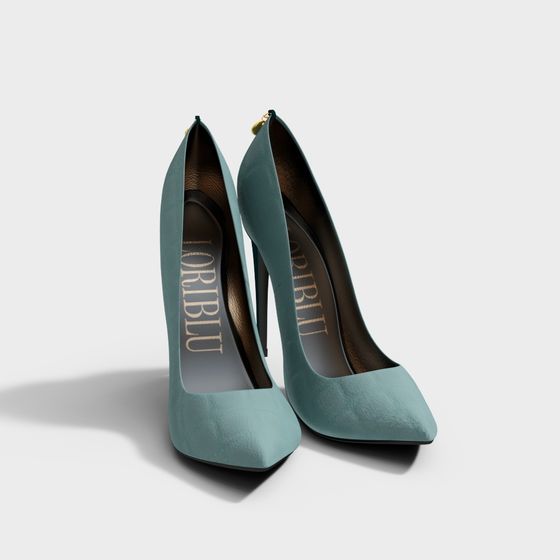 Teal high heel shoes with gold zipper detail on white background