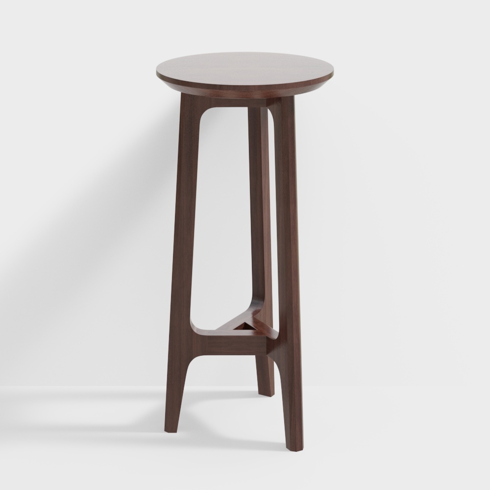 Modern round dark brown wooden bar stool with curved legs and footrest on white background