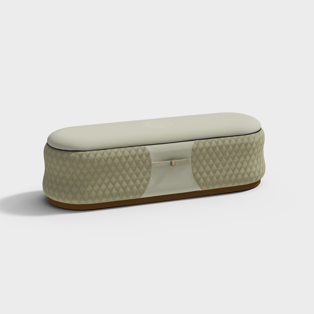 Beige quilted leather footrest with brown base and gold buckle detail on white background