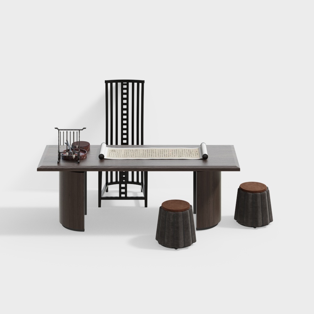 New Chinese study desk chair round stool combination