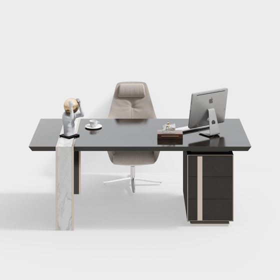 Black Modern Study Desk and Chair Combination 3D Model