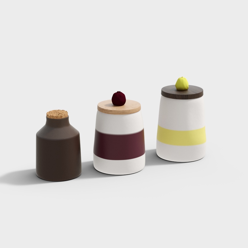 Three modern ceramic kitchen jars with fruit shaped knobs and wood lids on grey background