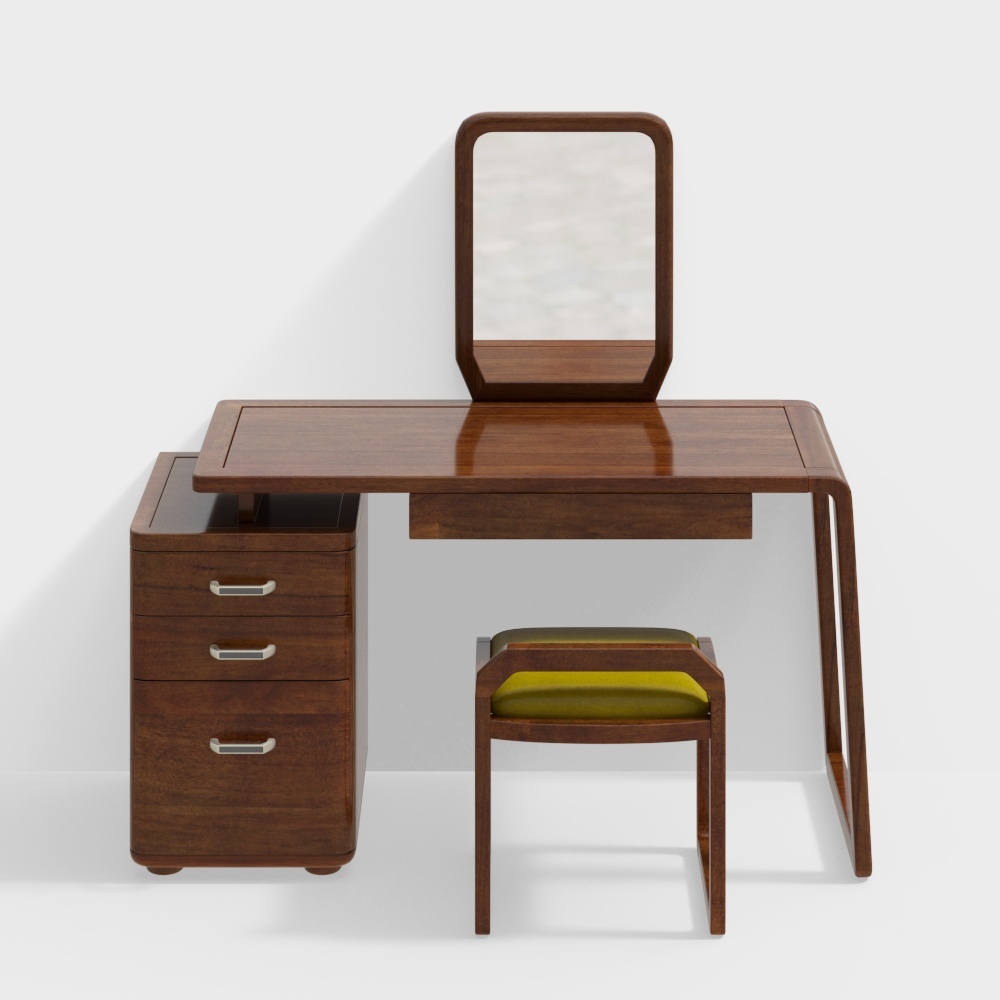 Modern brown wood vanity desk with mirror and green cushioned stool on white background