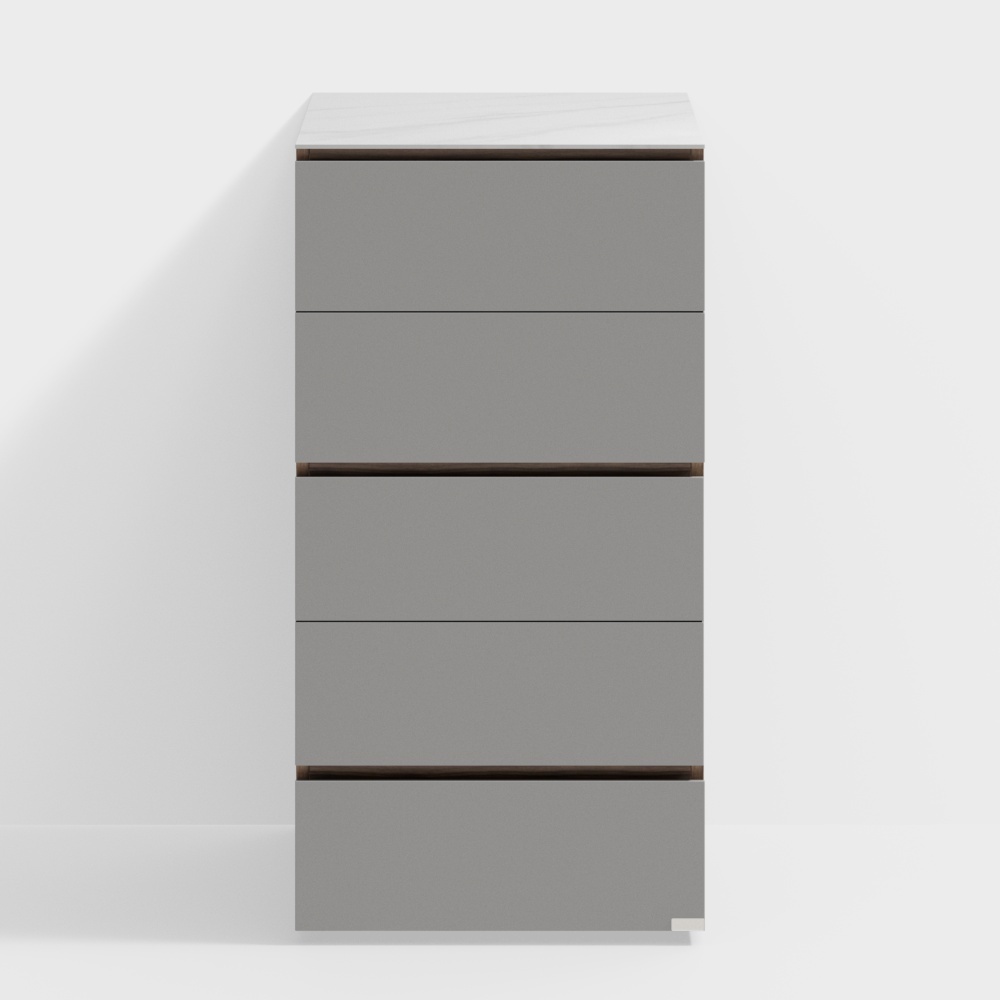 Modern grey tall cabinet with white marble top and dark brown accents on white background