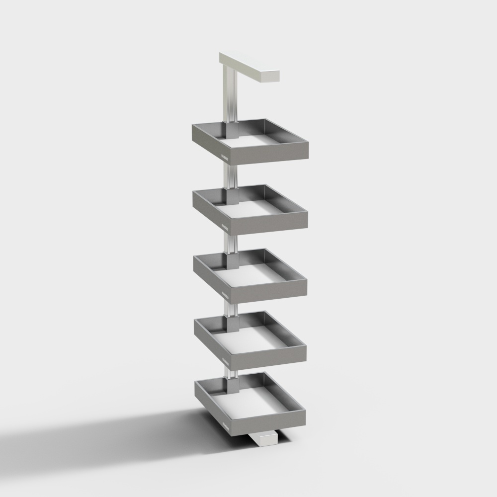 Modern grey metal retail display rack with five square trays on white background