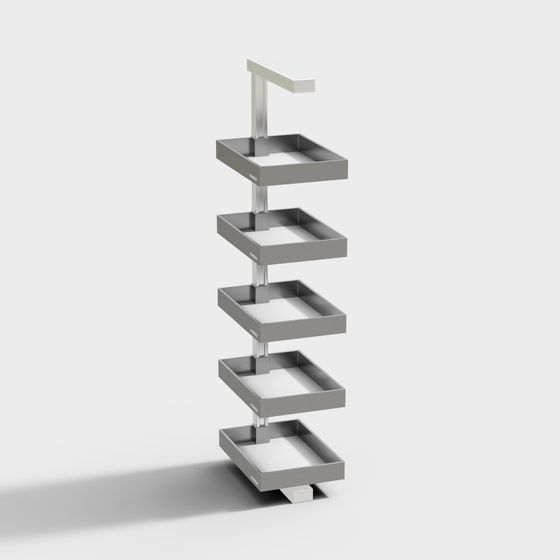Modern grey metal retail display rack with five square trays on white background