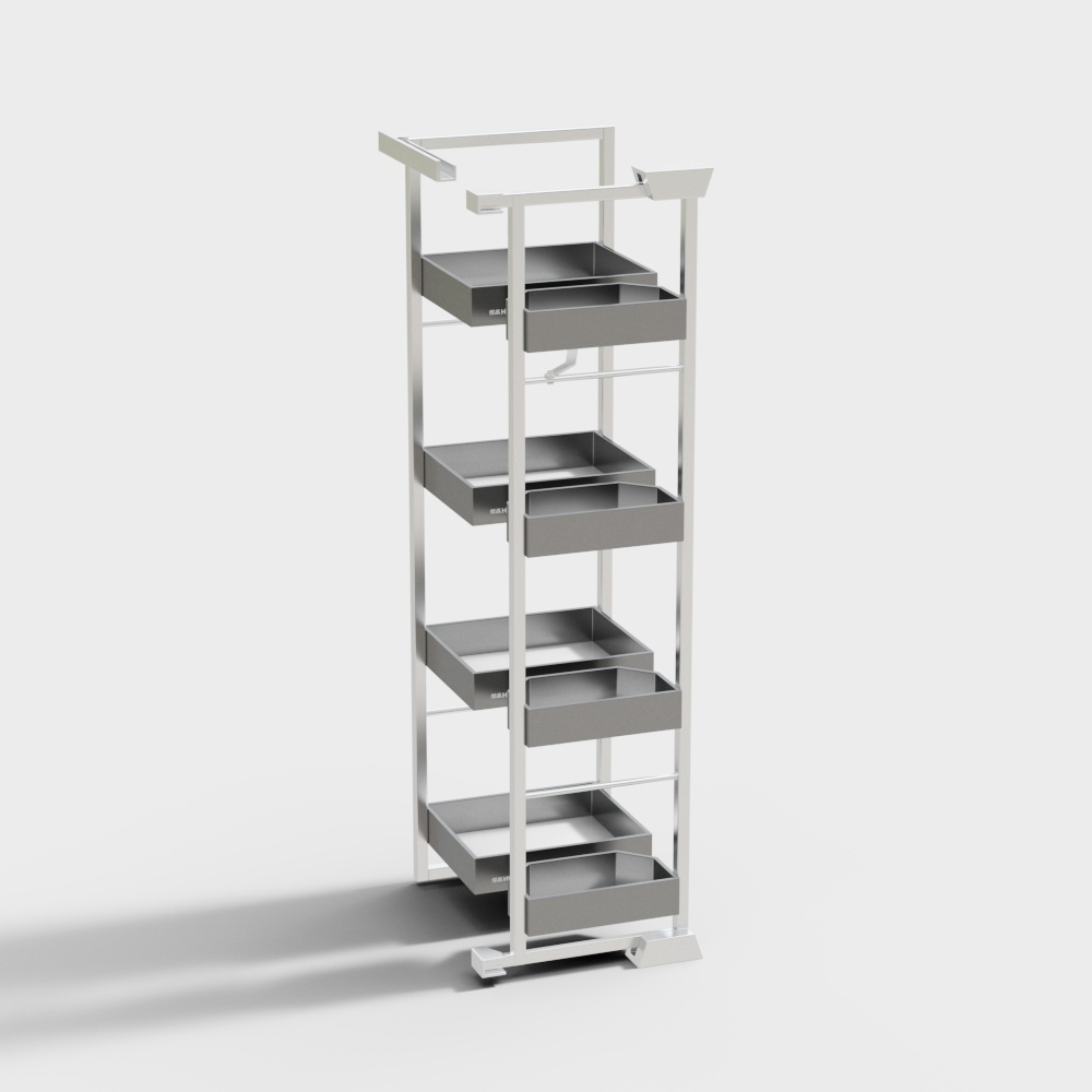 Modern silver metal rolling storage cart with four grey drawers on white background