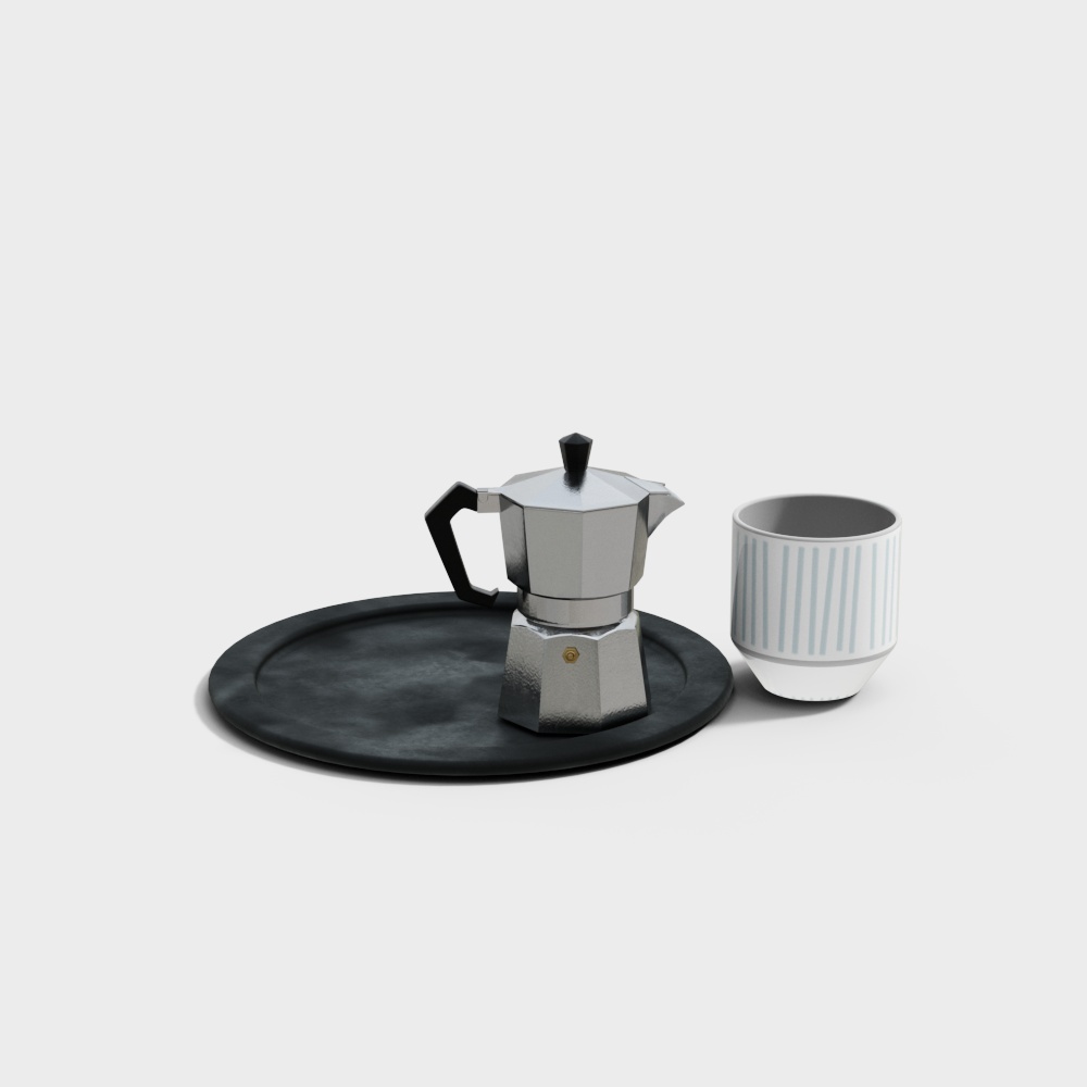 Silver coffee maker with black handle and striped cup on round black tray on grey background