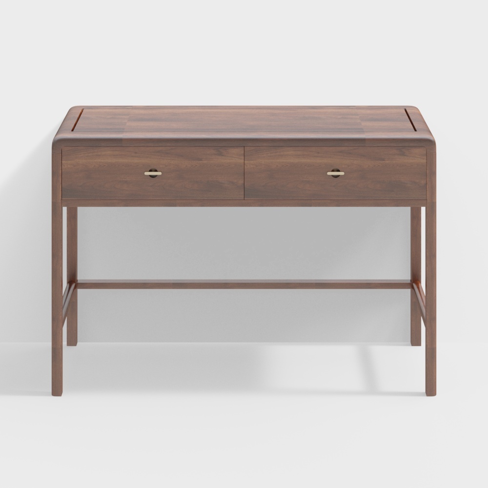 Modern walnut wood writing desk with two drawers and gold handles on white background