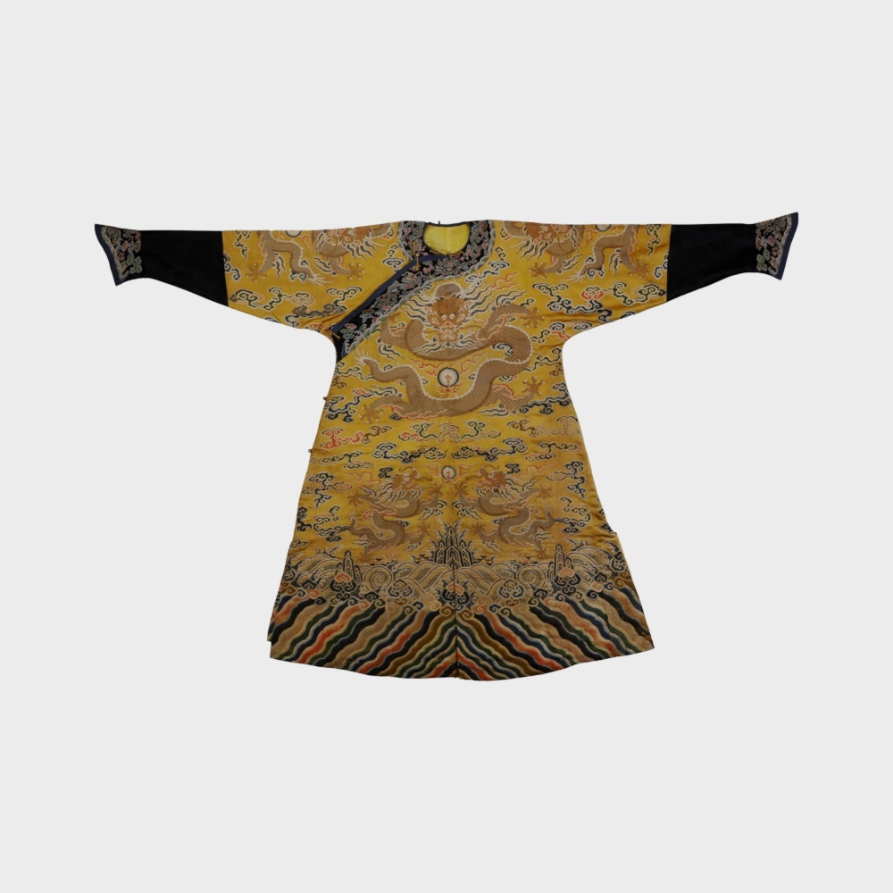 Costume di drago in raso per trucco con motivo di drago dorato e nuvola gialla brillante