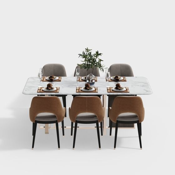 Modern Dining Table Set 3D Model in Brown