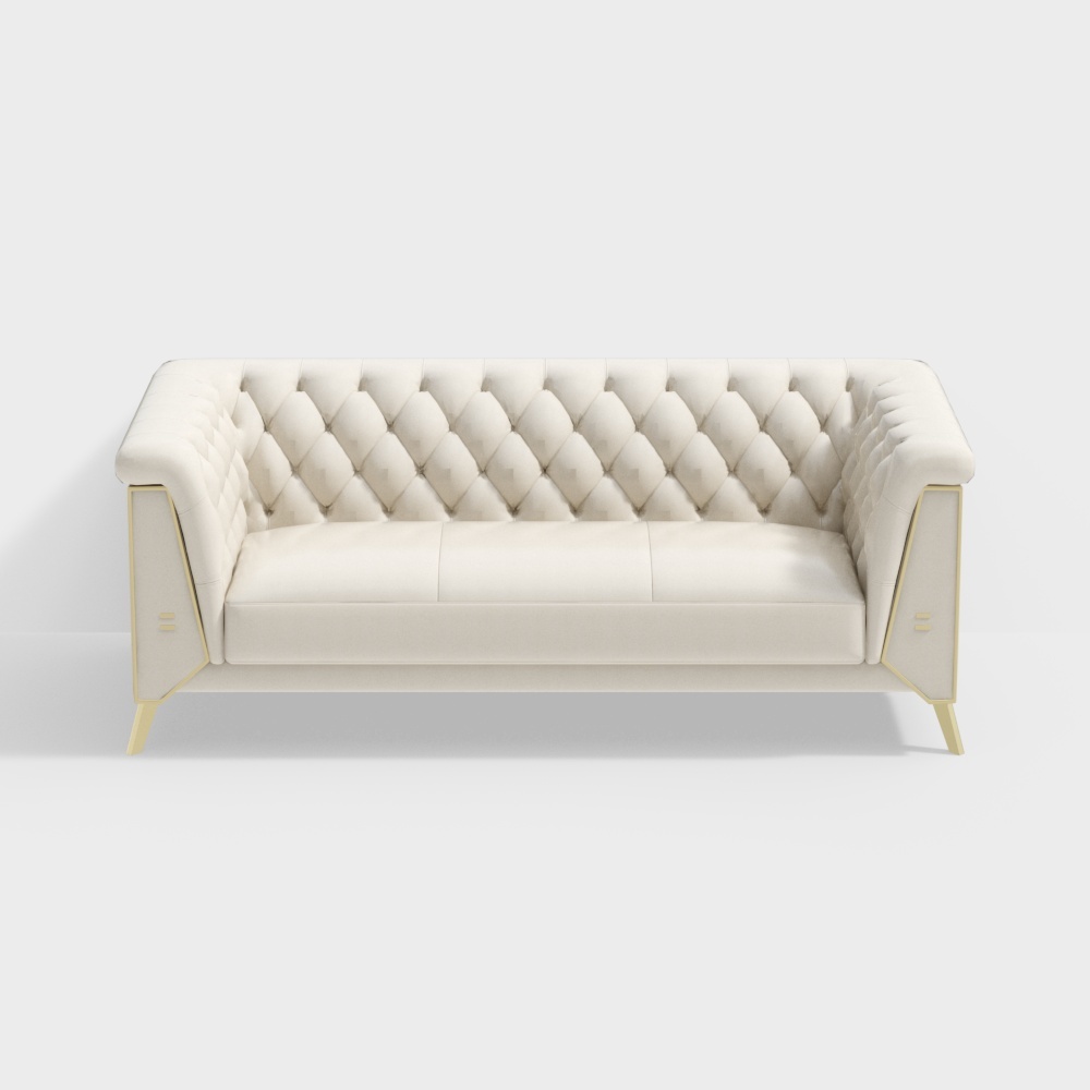 Modern cream tufted sofa with gold metal frame and legs on white background