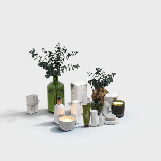 Modern Vase and Candles 3D Model in Green and Gray