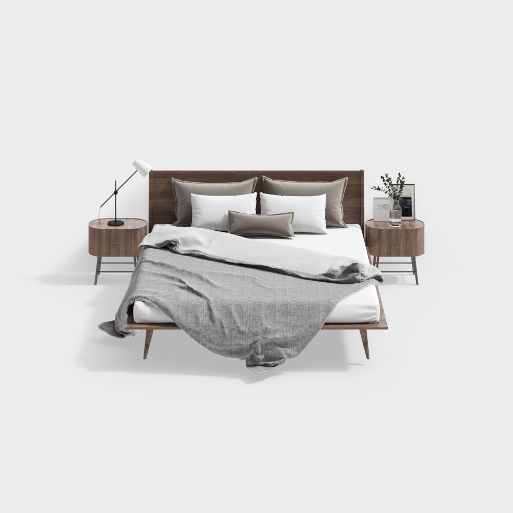 Urban Bedroom Suite 3D Model – Low-Poly Wooden Bed