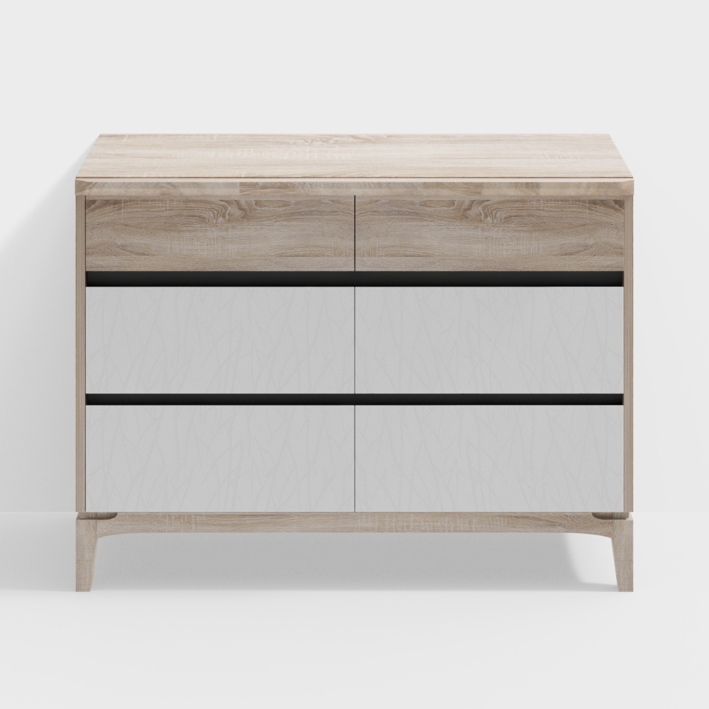 Modern light wood and white cabinet with black lines on white background