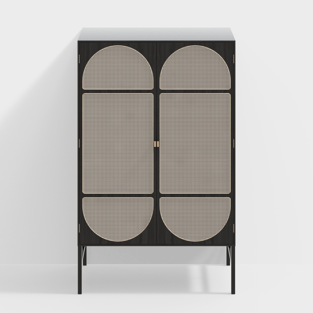 Modern black cabinet with rattan doors and gold handles on white background