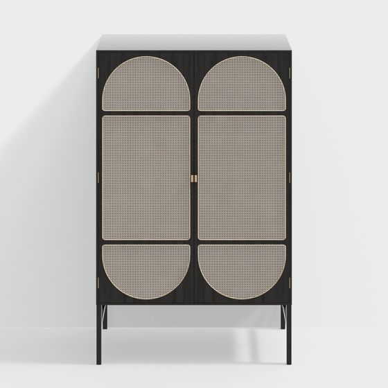 Modern black cabinet with rattan doors and gold handles on white background