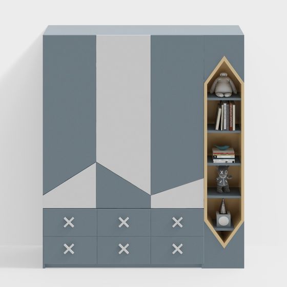 Blue and white geometric kids wardrobe with six drawers and house shaped shelves on white background