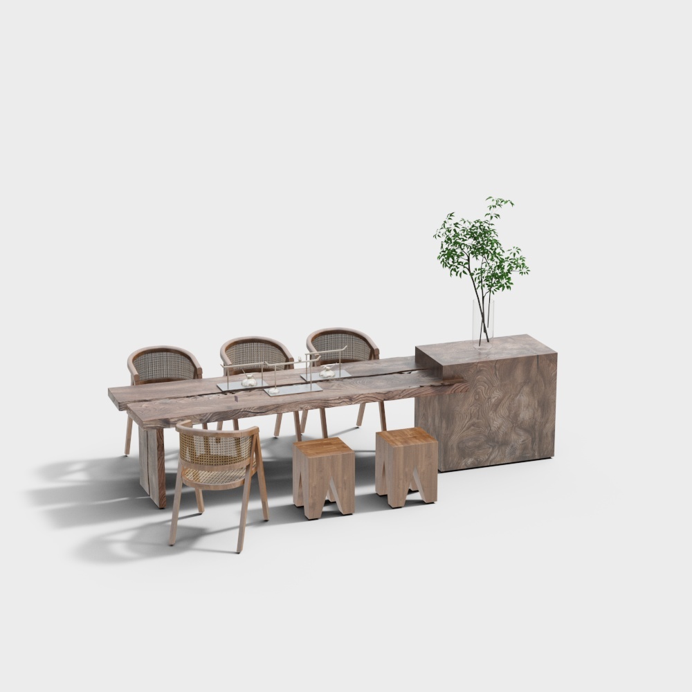 Forest Conference Table 3D Model – Natural Wood & Rattan