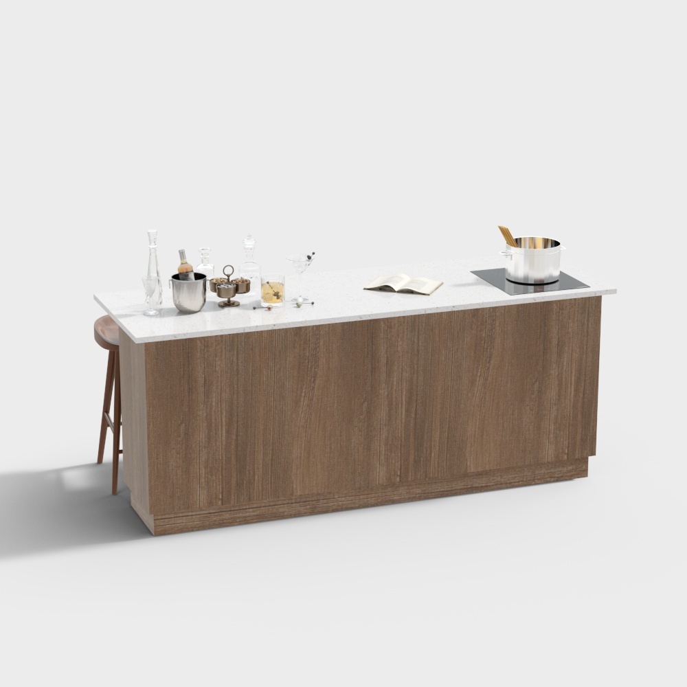 Sleek Minimalist Bar Counter 3D Model – Wood and Marble