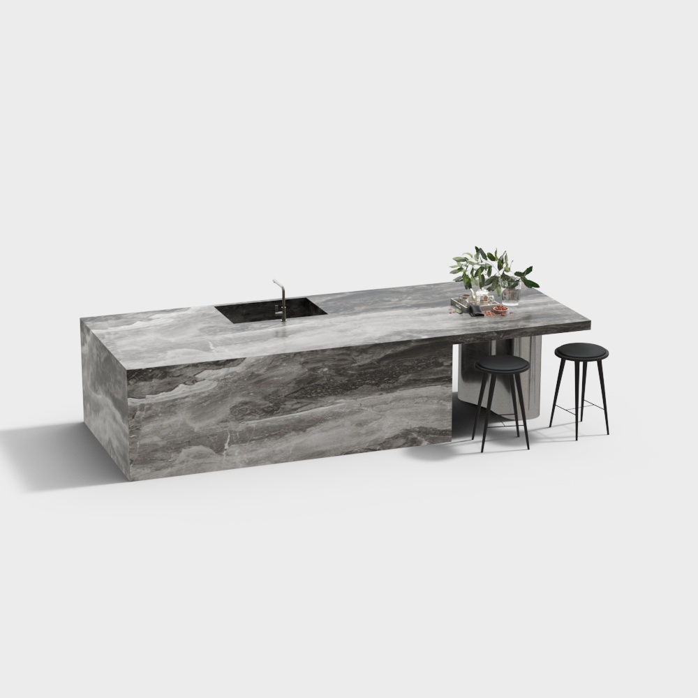 Urban Kitchen Island 3D Model – Gray Marble Design