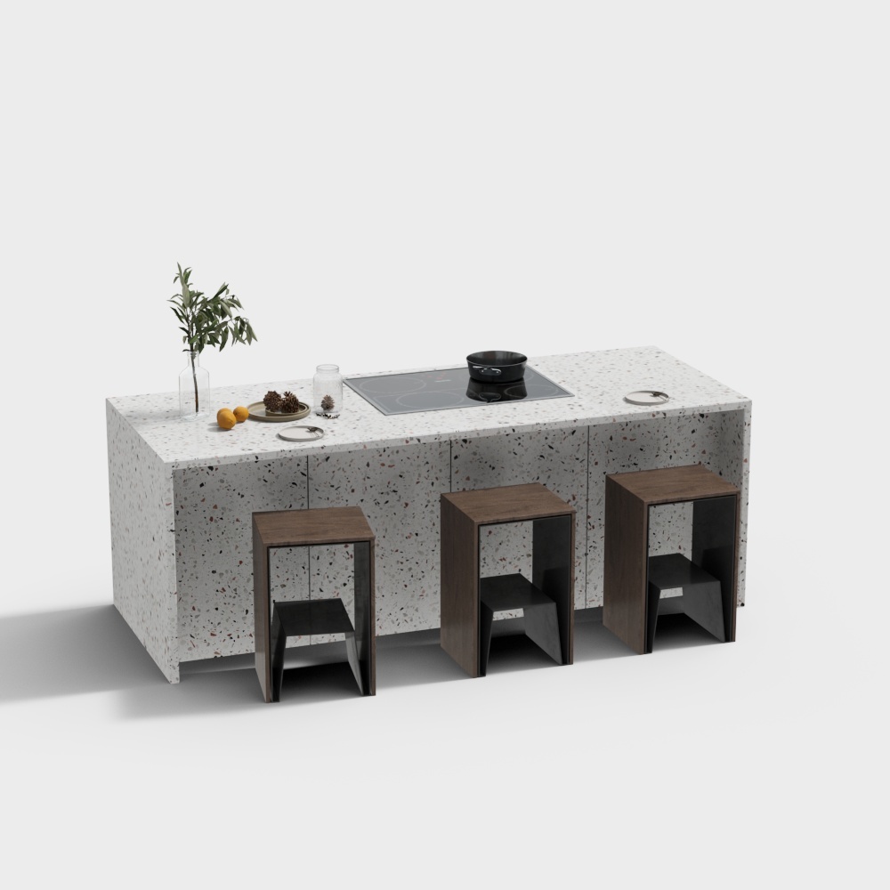 Urban Kitchen Island 3D Model – Marble & Wood Design