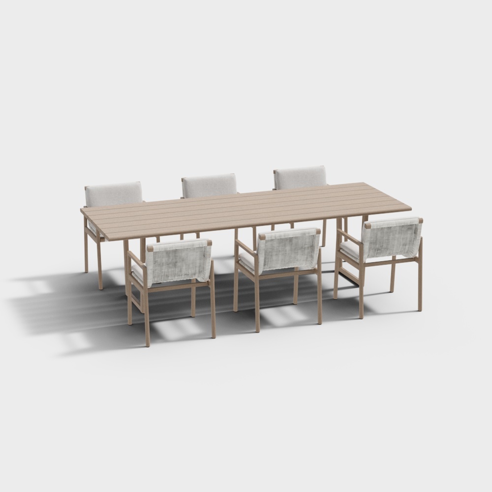 Outdoor Dining Set 3D Model – Light Wood and Woven Chairs
