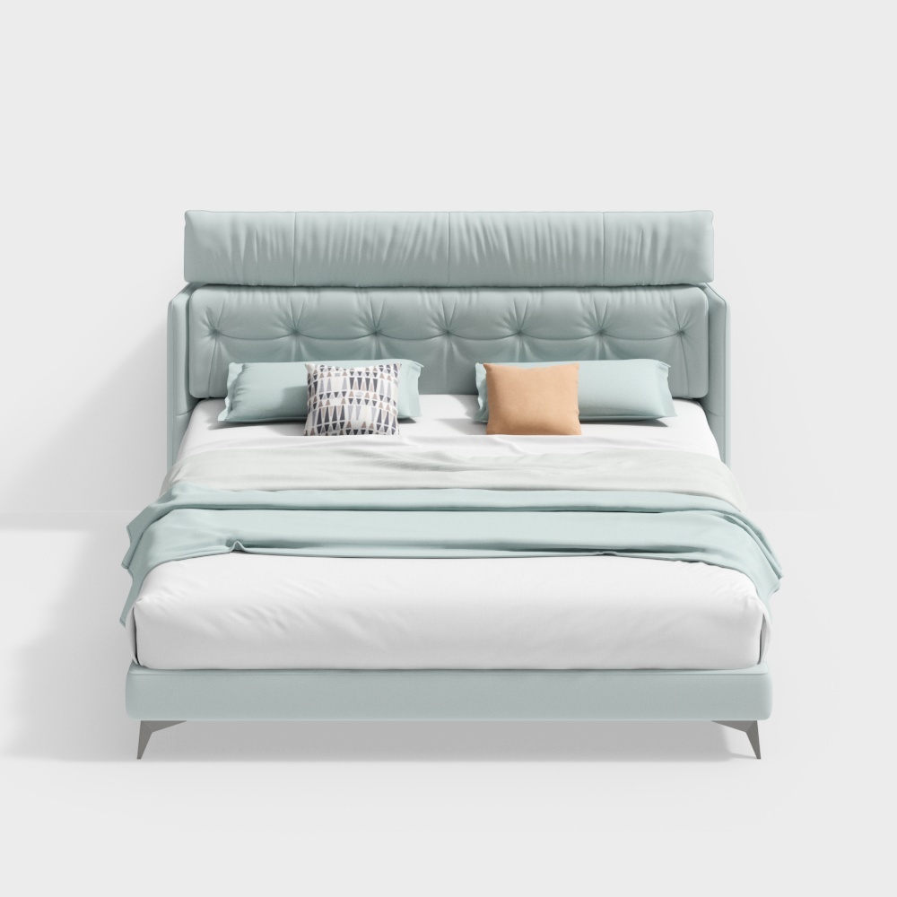 Modern light blue upholstered bed with tufted headboard and white bedding on white background