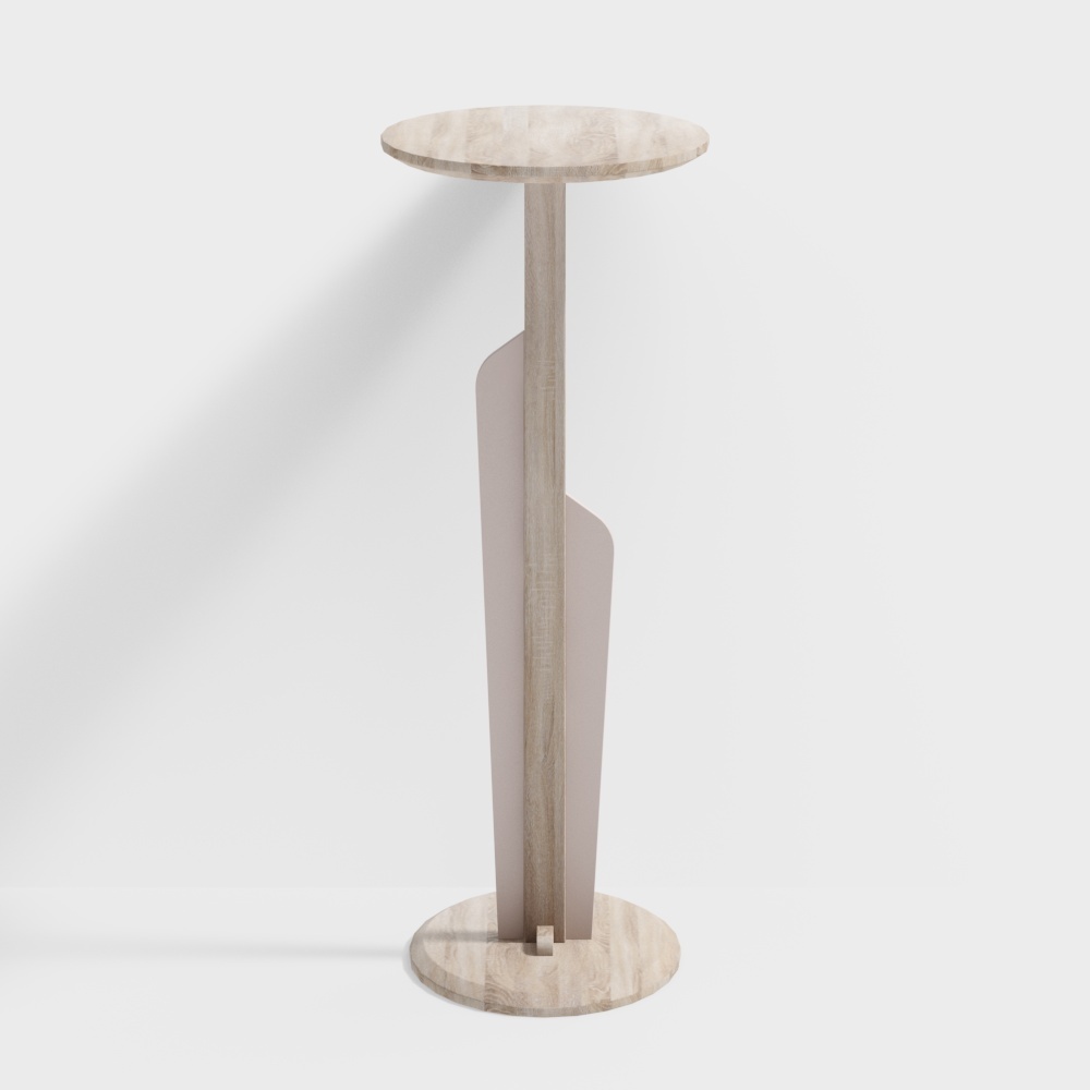 Modern round wooden side table with curved beige metal leg on white background