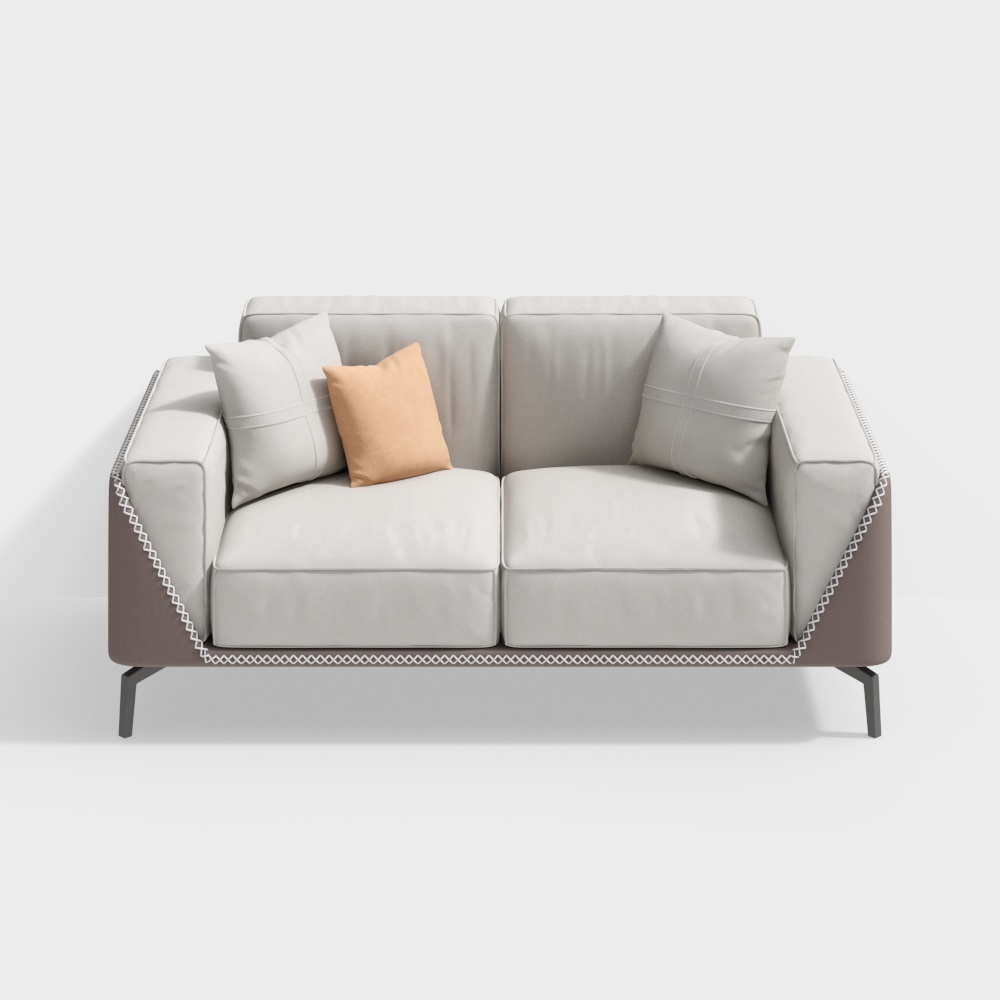 Modern light grey leather sofa with brown sides and white stitching on white background