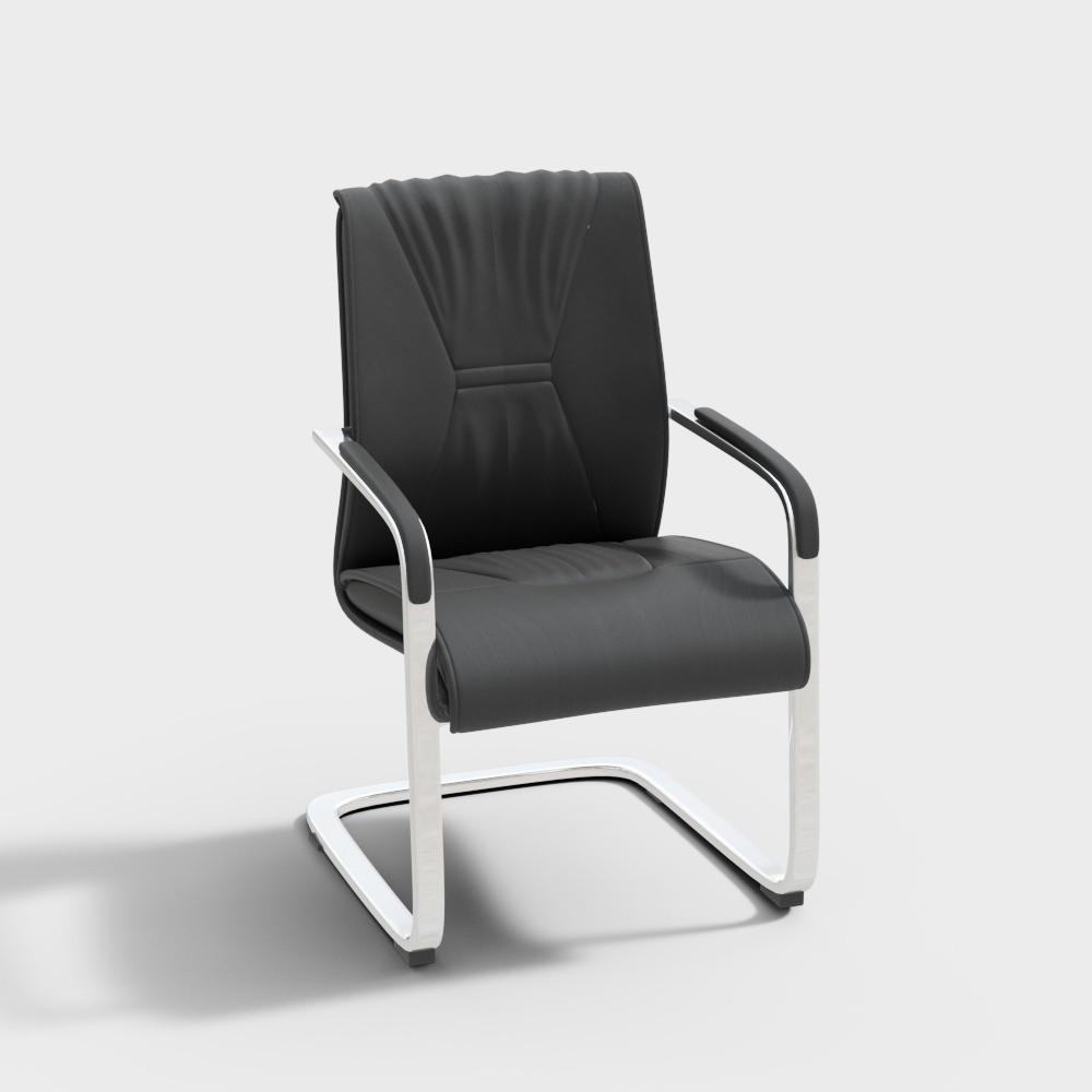 Modern black leather office chair with silver metal frame on white background