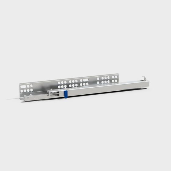 Silver metal drawer runner rail with blue clip on grey background