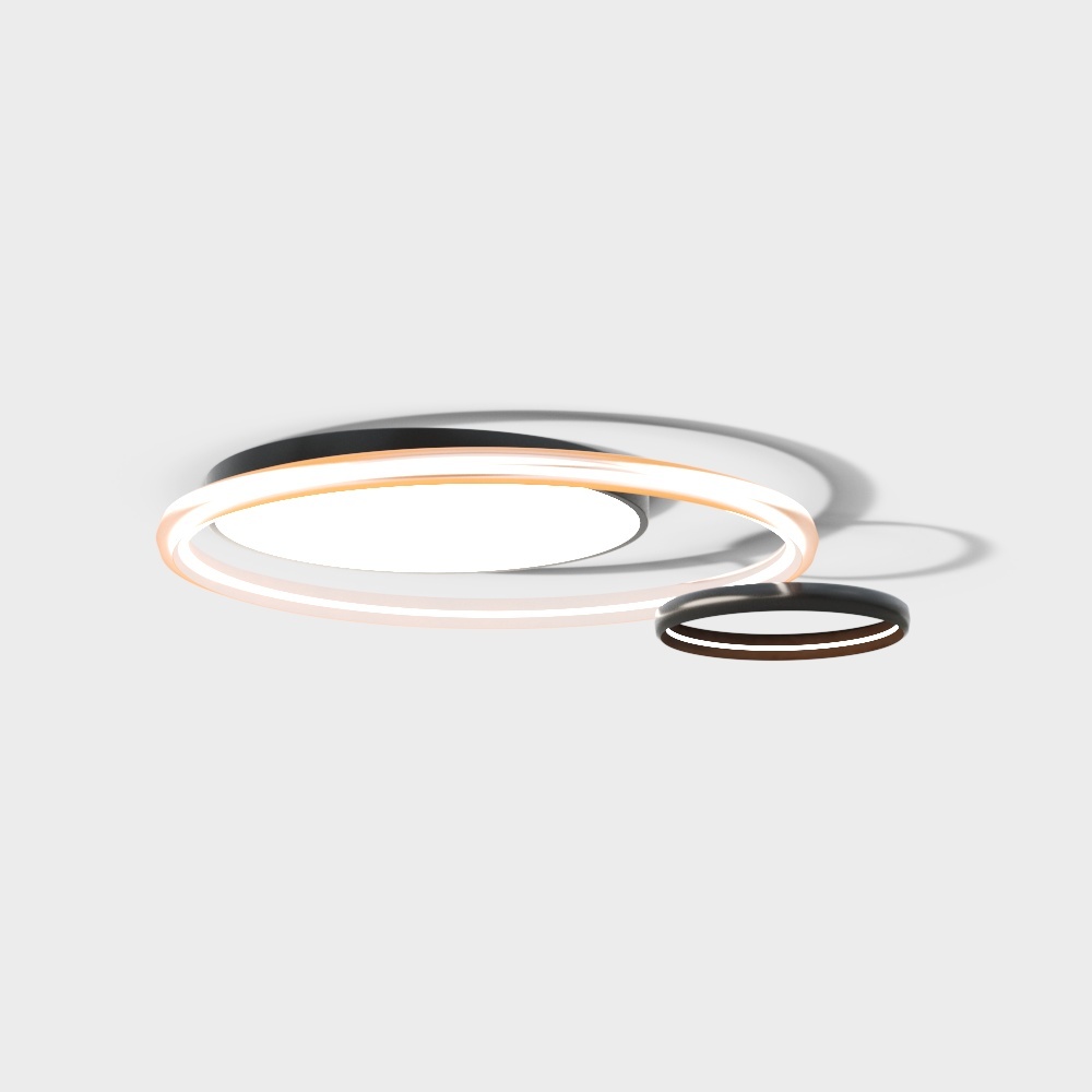 Modern ceiling light with three glowing rings in white black and copper on grey background