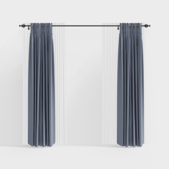 Modern blue fabric curtain with black metal rod on white background