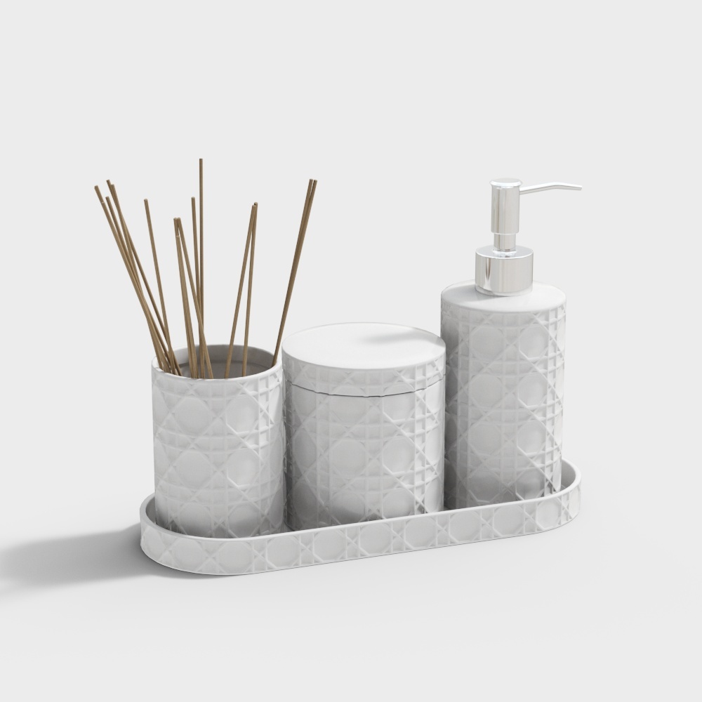 White ceramic bathroom set with soap dispenser jar tray on white background